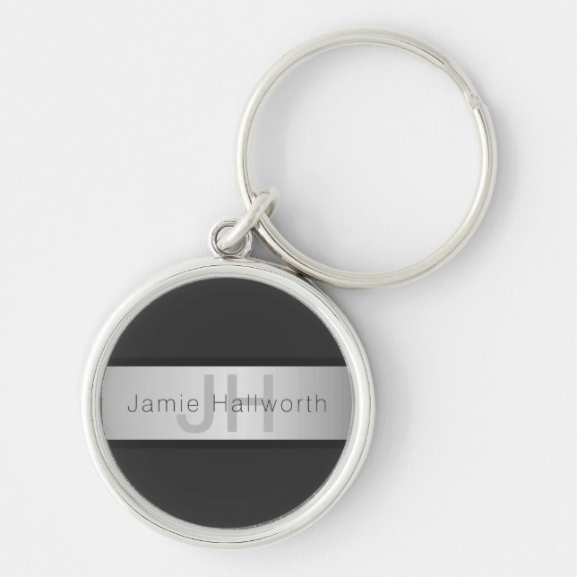 Your Name & Monogram | Greys & Faux Silver Look Keychain (Front)