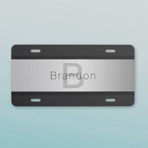 Your Name & Monogram   Greys & Faux Silver Look License Plate