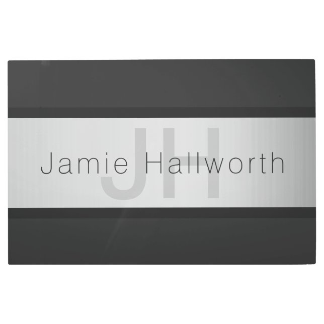 Your Name & Monogram | Greys & Faux Silver Look Metal Print (Front)