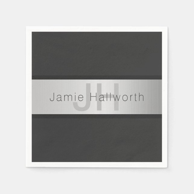 Your Name & Monogram | Greys & Faux Silver Look Napkins (Front)