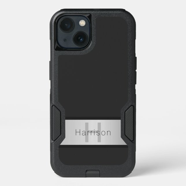 Your Name & Monogram | Greys & Faux Silver Look Otterbox iPhone Case (Back)