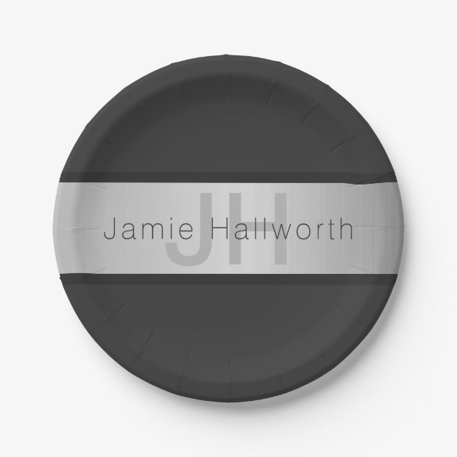 Your Name & Monogram | Greys & Faux Silver Look Paper Plates (Front)