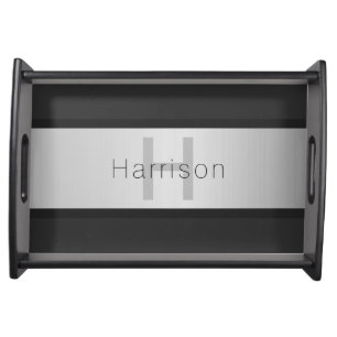 Your Name & Monogram Greys & Faux Silver Look Serving Tray