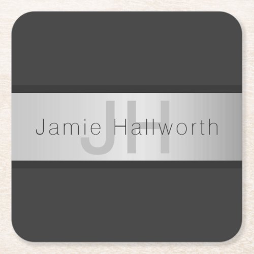 Your Name  Monogram  Greys  Faux Silver Look Square Paper Coaster
