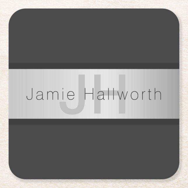 Your Name & Monogram | Greys & Faux Silver Look Square Paper Coaster (Front)