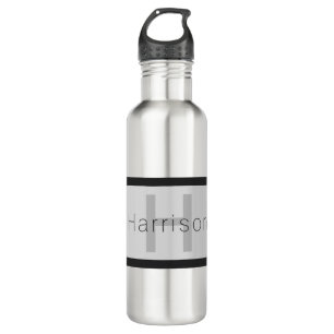 Your Name & Monogram Greys & Faux Silver Look Stainless Steel Water Bottle