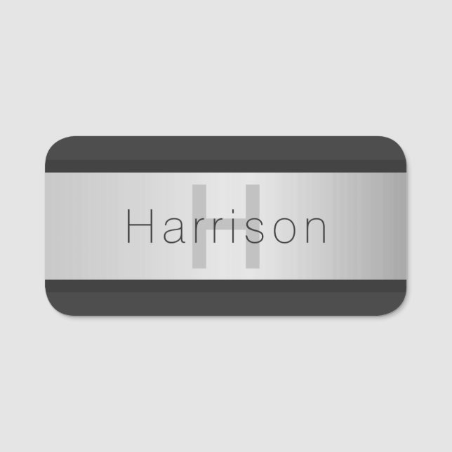 Your Name & Monogram | Greys & Faux Silver Look Tag (Front)