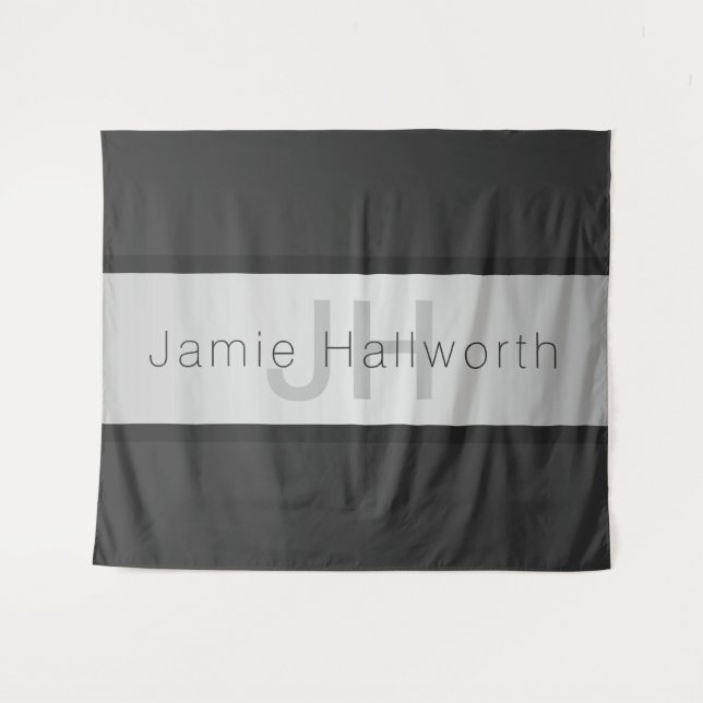 Your Name & Monogram | Greys & Faux Silver Look Tapestry (Front (Horizontal))