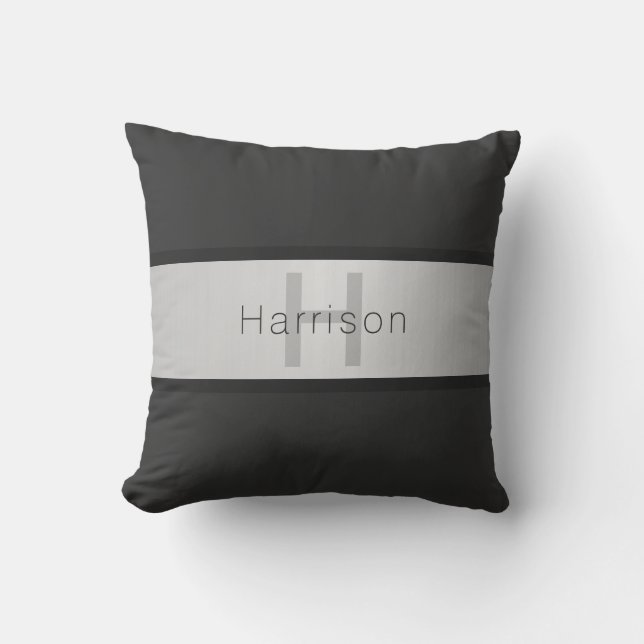 Your Name & Monogram | Greys & Faux Silver Look Throw Pillow (Front)