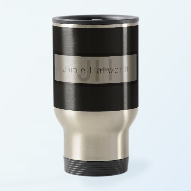 Your Name & Monogram | Greys & Faux Silver Look Travel Mug (Creator Uploaded)