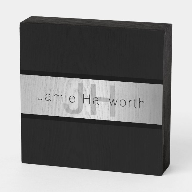 Your Name & Monogram | Greys & Faux Silver Look Wooden Box Sign (Angled Horizontal)