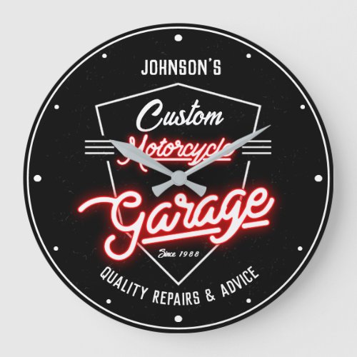Your Name Motorcycle Garage Slogan Faux Red Neon  Large Clock