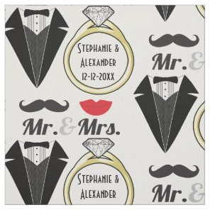 Your Name Mr Mrs Lips Mustache Ring Tuxedo Wedding Fabric