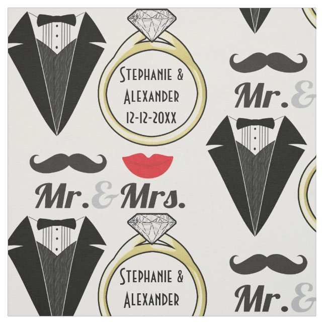 Your Name Mr Mrs Lips Mustache Ring Tuxedo Wedding Fabric (Swatch)