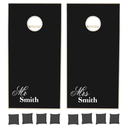 Your Name Mr  Mrs Smith White Typography Black Cornhole Set