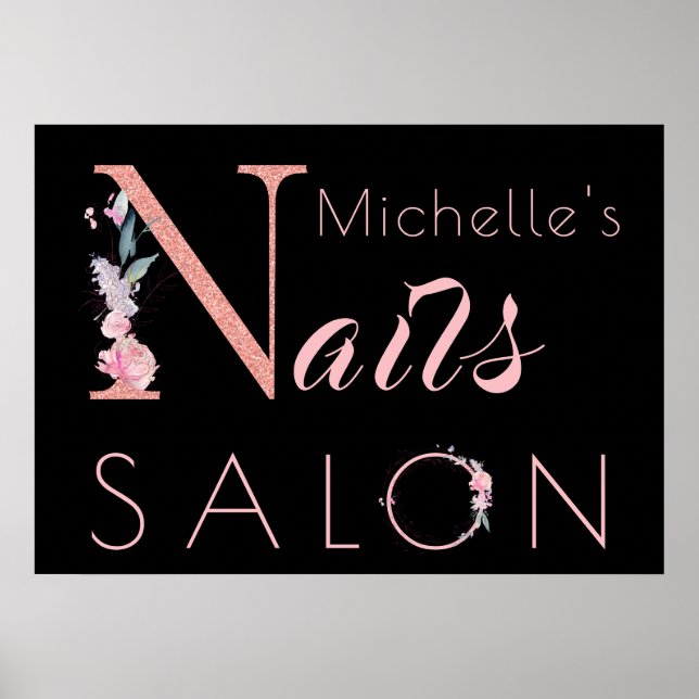 Your name nails salon floral glitter pink black poster (Front)