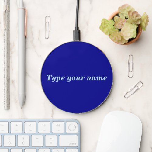 Your Name on Blue Round Wireless Charger