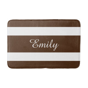 Your Name On Brown And White Stripes Pattern Bathroom Mat