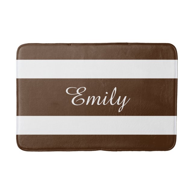 Your Name On Brown And White Stripes Pattern Bathroom Mat (Front)