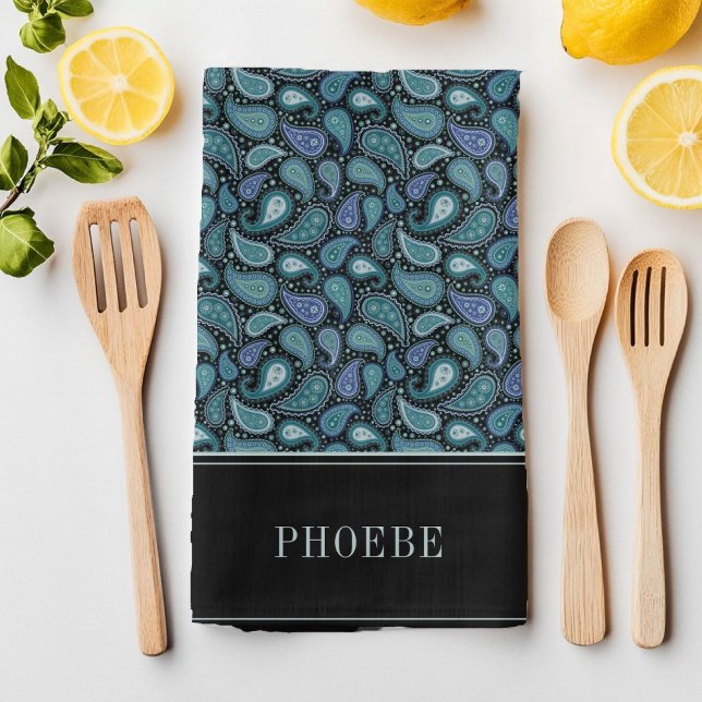 Your Name On Eleagant Retro Blue Paisley Pattern Kitchen Towel (Your Name On Eleagant Retro Blue Paisley Pattern Kitchen Towel)