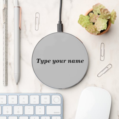 Your Name on Gray Round Wireless Charger