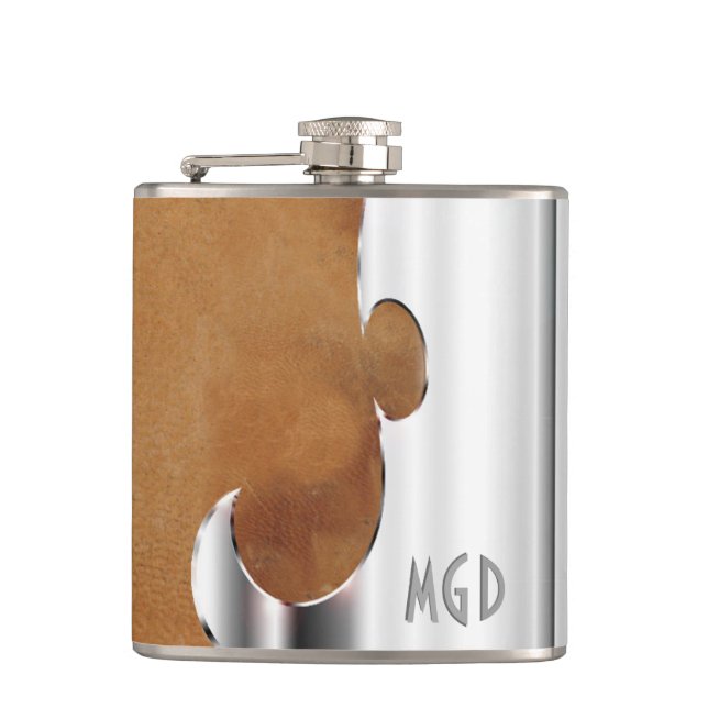Your Name on Handsome Leather and Chrome Flask (Front)