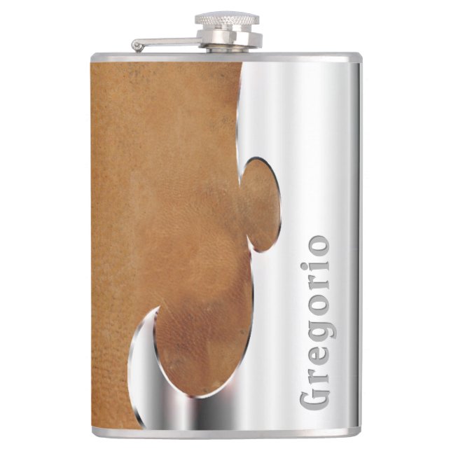 Your Name on Handsome Leather and Chrome Flask (Front)