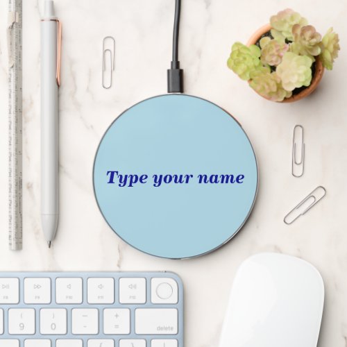 Your Name on Light Blue Round Wireless Charger