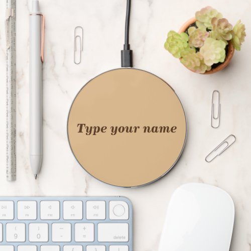 Your Name on Light Brown Round Wireless Charger