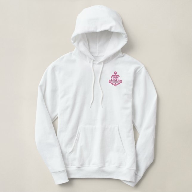 Your Name on Nautical Anchor Embroidery First Mate Embroidered Hoodie (Design Front)