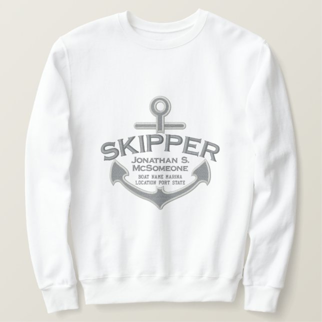 Your Name on Nautical Anchor Embroidery Skipper Embroidered Sweatshirt (Design Front)