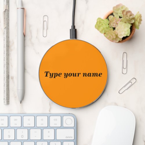 Your Name on Orange Color Round Wireless Charger