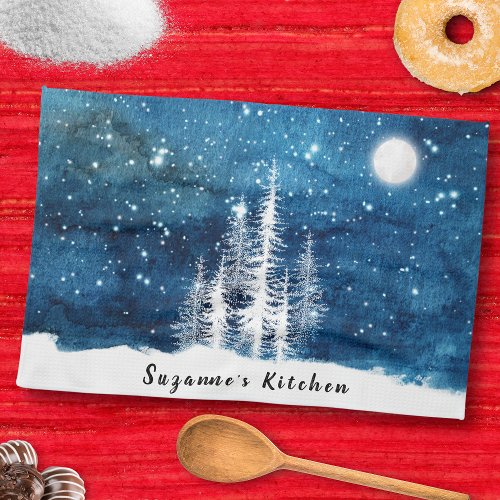 Your Name on White Fir Trees and Starry Blue Sky Kitchen Towel