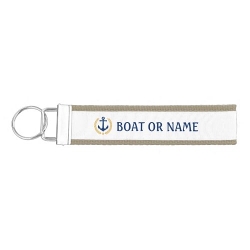 Your Name or Boat Anchor Gold Laurel Blue White Wrist Keychain