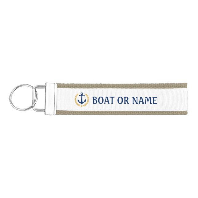 Your Name or Boat Anchor Gold Laurel Blue White Wrist Keychain (Keys on Left)
