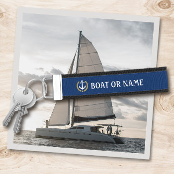 Your Name Or Boat Anchor Gold Laurel Navy Blue Wrist Keychain by AnchorIsle at Zazzle