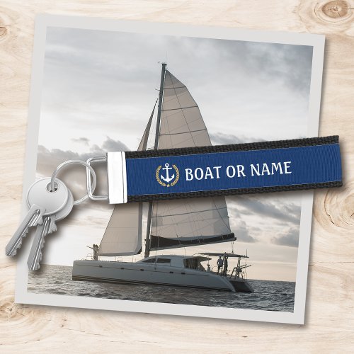 Your Name or Boat Anchor Gold Laurel Navy Blue Wrist Keychain