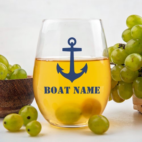 Your Name or Boat Name Nautical Anchor Navy Blue Stemless Wine Glass