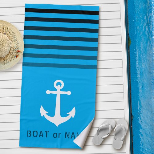Your Name or Boat Name Nautical Anchor Striped Beach Towel