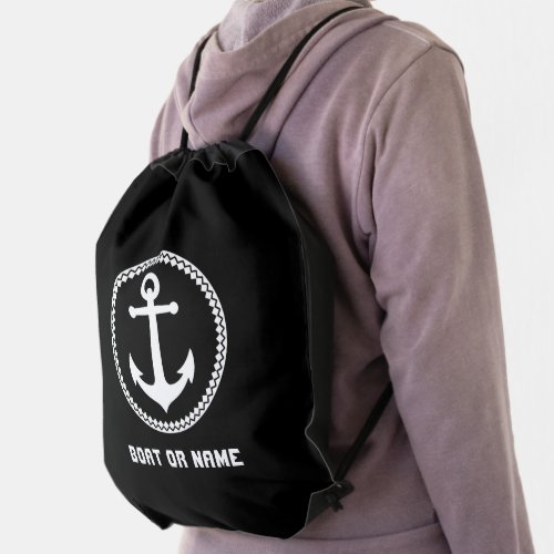 Your Name or Boat Name Nautical Sea Anchor Black Drawstring Bag