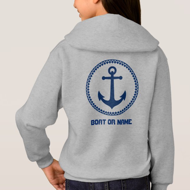 Your Name or Boat Name Sea Anchor Gray & Navy Hoodie (Back)