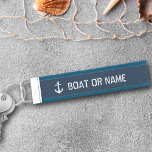 Your Name or Boat Name Vintage Anchor Mist Blue Wrist Keychain<br><div class="desc">A stylish nautical themed wrist keychain with your personalized boat name,  family name or other desired text. Featuring a custom designed vintage boat anchor in white on beautiful mist blue with aqua blue or easily customize the colors to match your current decor.</div>