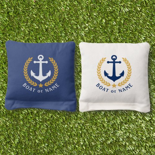 Your Name or Boat Nautical Anchor Gold Laurel Cornhole Bags