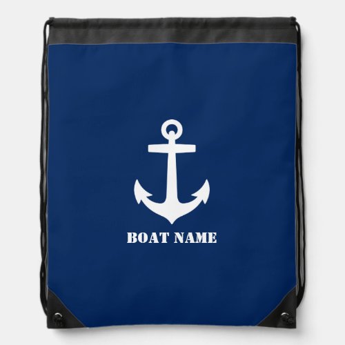 Your Name or Boat Nautical Classic Anchor Navy Drawstring Bag