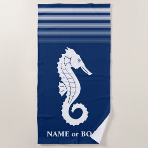 Your Name or Boat Seahorse Navy Blue White Stripe Beach Towel