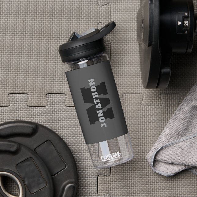 Your Name or Business Name | Modern Masculine Grey Water Bottle (Gym)