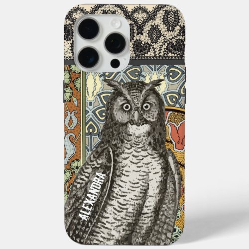 Your Name or Quote Owl Trendy Floral Damask iPhone 15 Pro Max Case