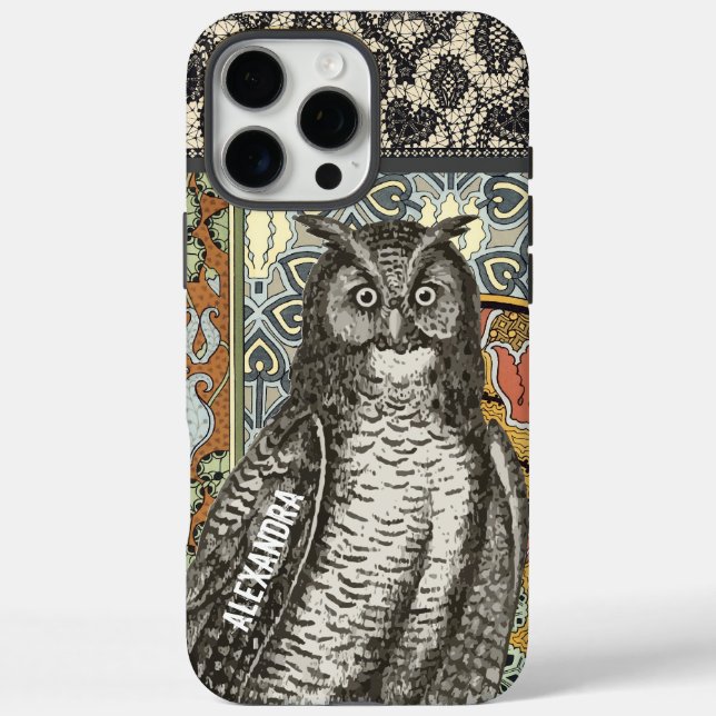 Your Name or Quote Owl Trendy Floral Damask Case-Mate iPhone Case (Back)
