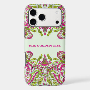 Your Name or Quote Pink & Lime Green Damask iPhone 17 Pro Max Case