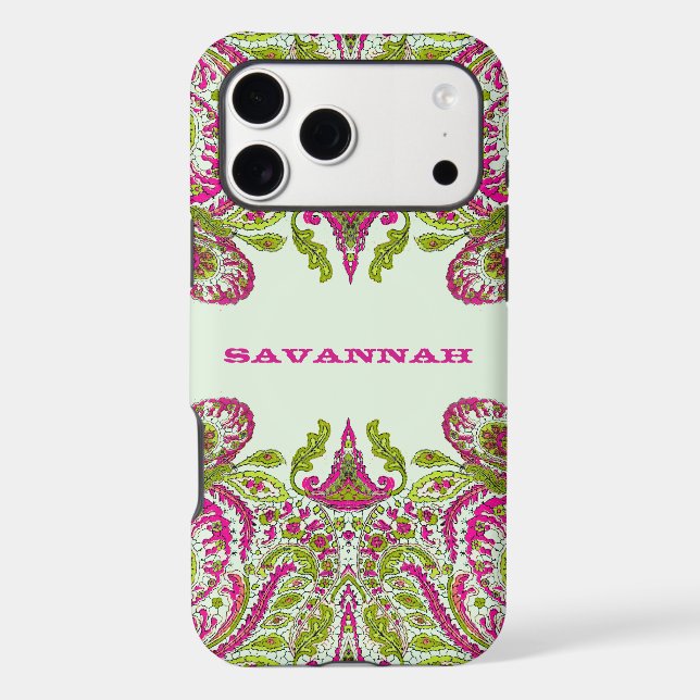 Your Name or Quote Pink & Lime Green Damask Case-Mate iPhone Case (Back)